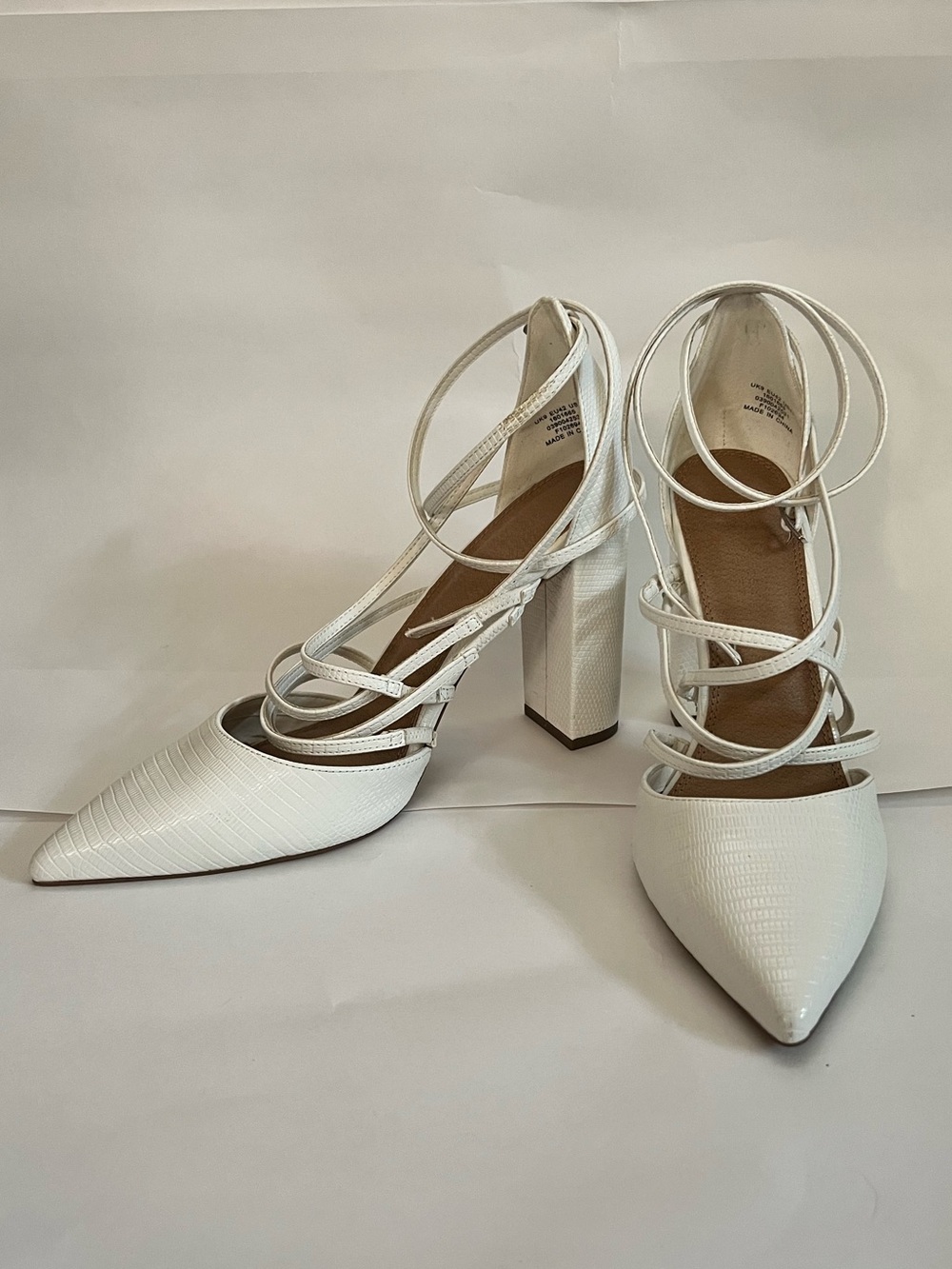 ASOS White Pointed Wrap Ankle Strap Block Heel Pumps